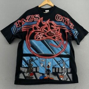 1995 Taz's Gym Looney Tunes Black XL RARE Neon Freeze Shirt VTG 90s Full Print